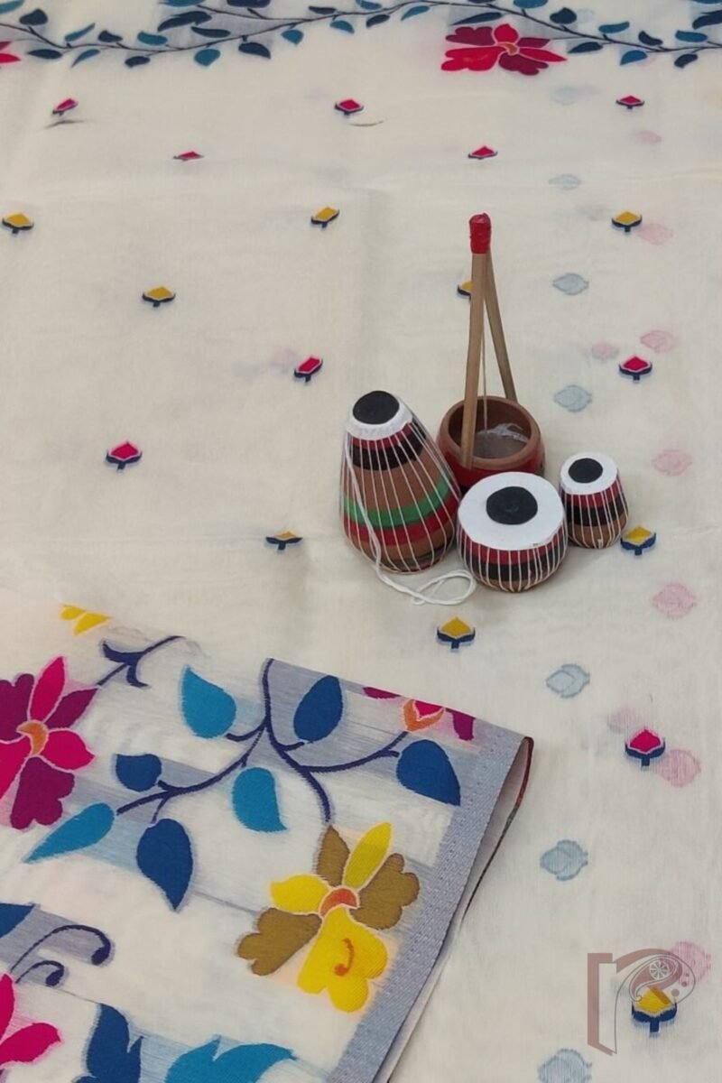 Jamdani Joy - Light Cream Cotton Silk Jamdani Saree with Multicolour Floral Pallu and Grey Selvedge - Image 8