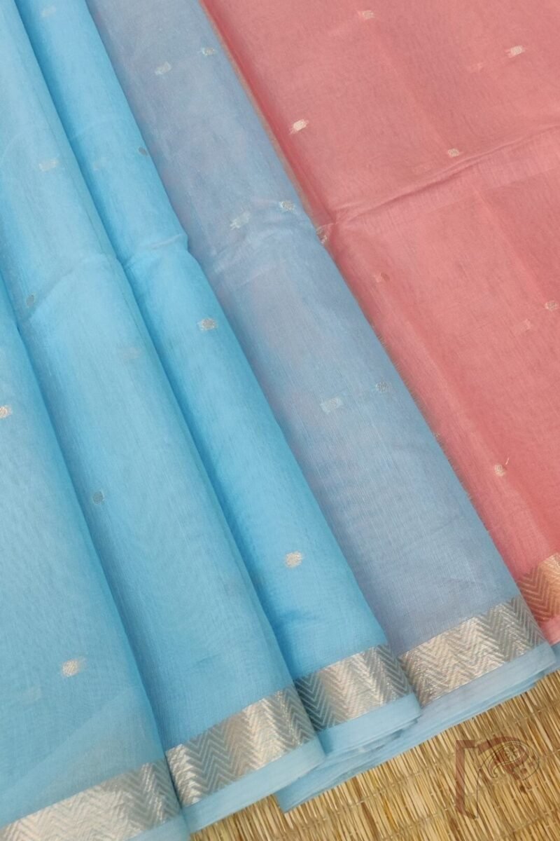 Woven Whispers – Sky Blue and Light Pink Cotton Silk Saree with Zari Buttis and Contrast Pallu - Image 5