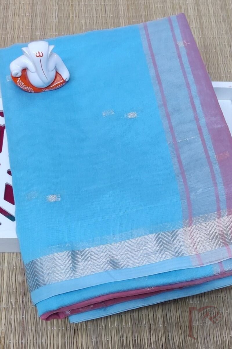 Woven Whispers – Sky Blue and Light Pink Cotton Silk Saree with Zari Buttis and Contrast Pallu