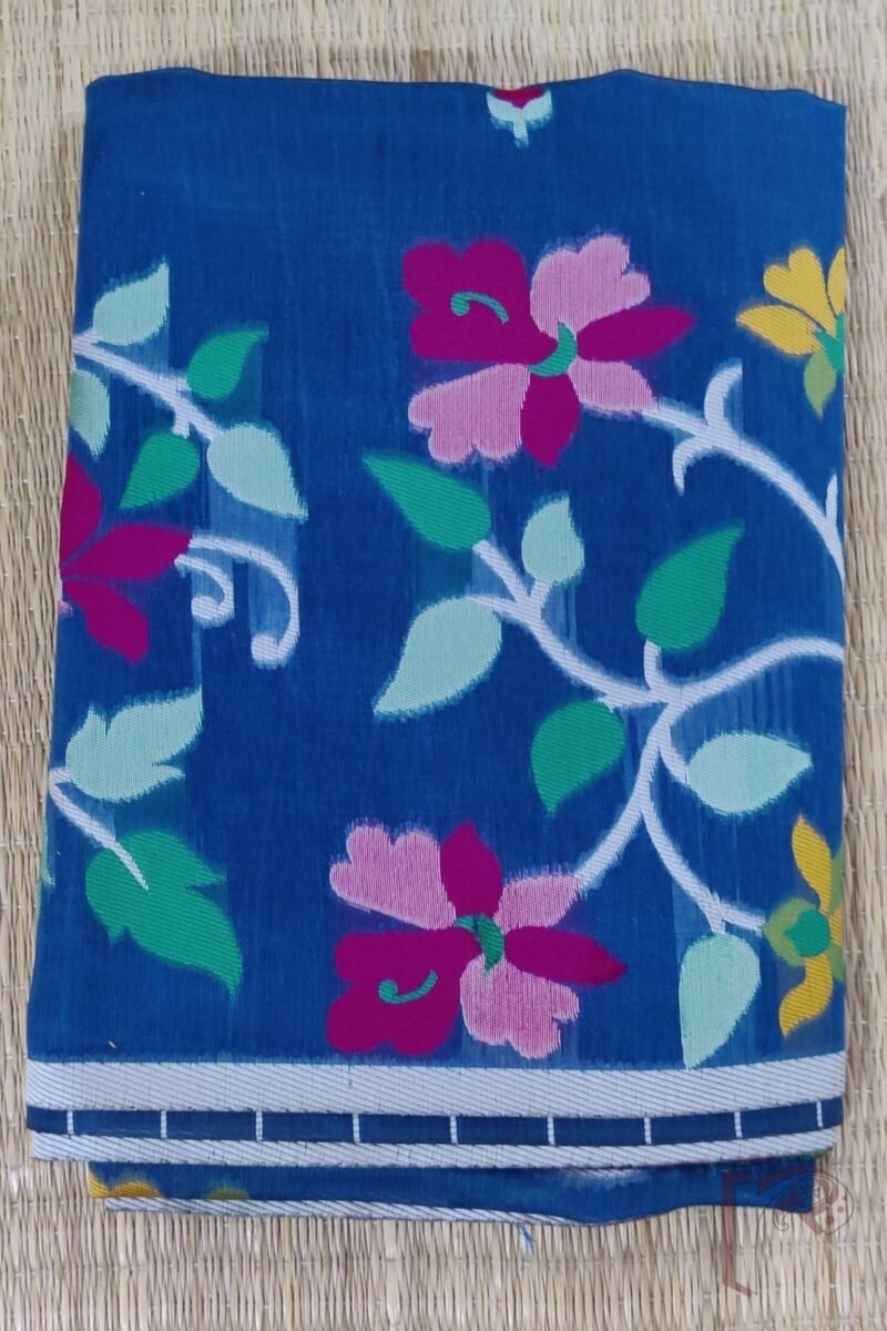 Jamdani Joy - Teal Blue Cotton Silk Jamdani Saree with Multicolour Floral Pallu and White Selvedge - Image 2