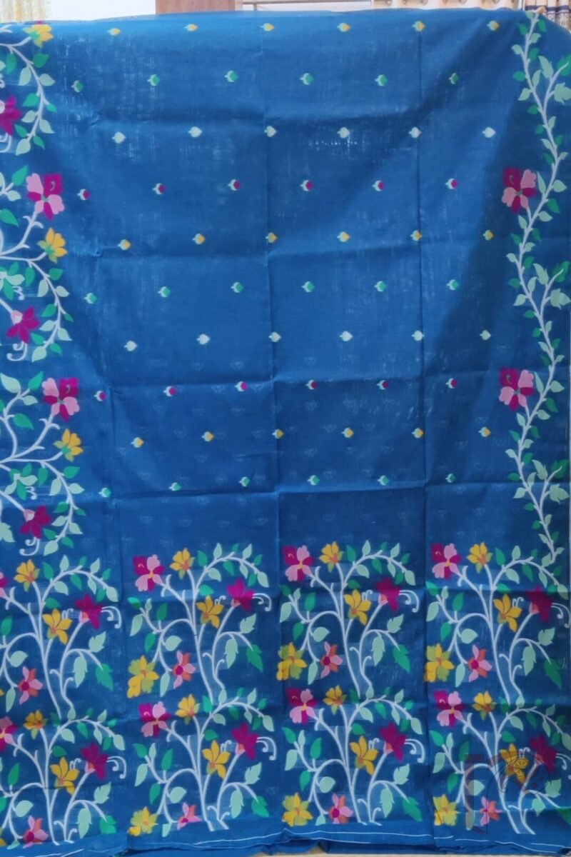 Jamdani Joy - Teal Blue Cotton Silk Jamdani Saree with Multicolour Floral Pallu and White Selvedge - Image 3