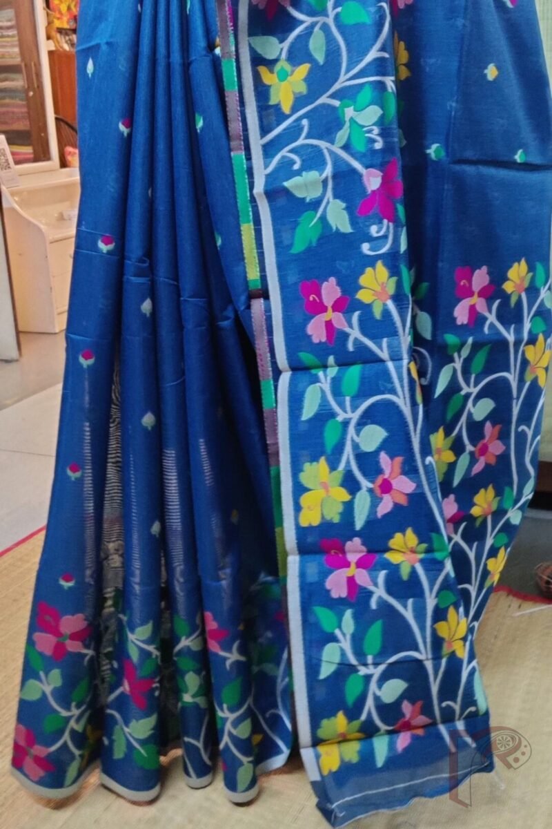 Jamdani Joy - Teal Blue Cotton Silk Jamdani Saree with Multicolour Floral Pallu and White Selvedge - Image 4