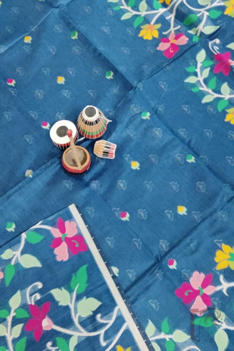 Jamdani Joy - Teal Blue Cotton Silk Jamdani Saree with Multicolour Floral Pallu and White Selvedge - Image 5
