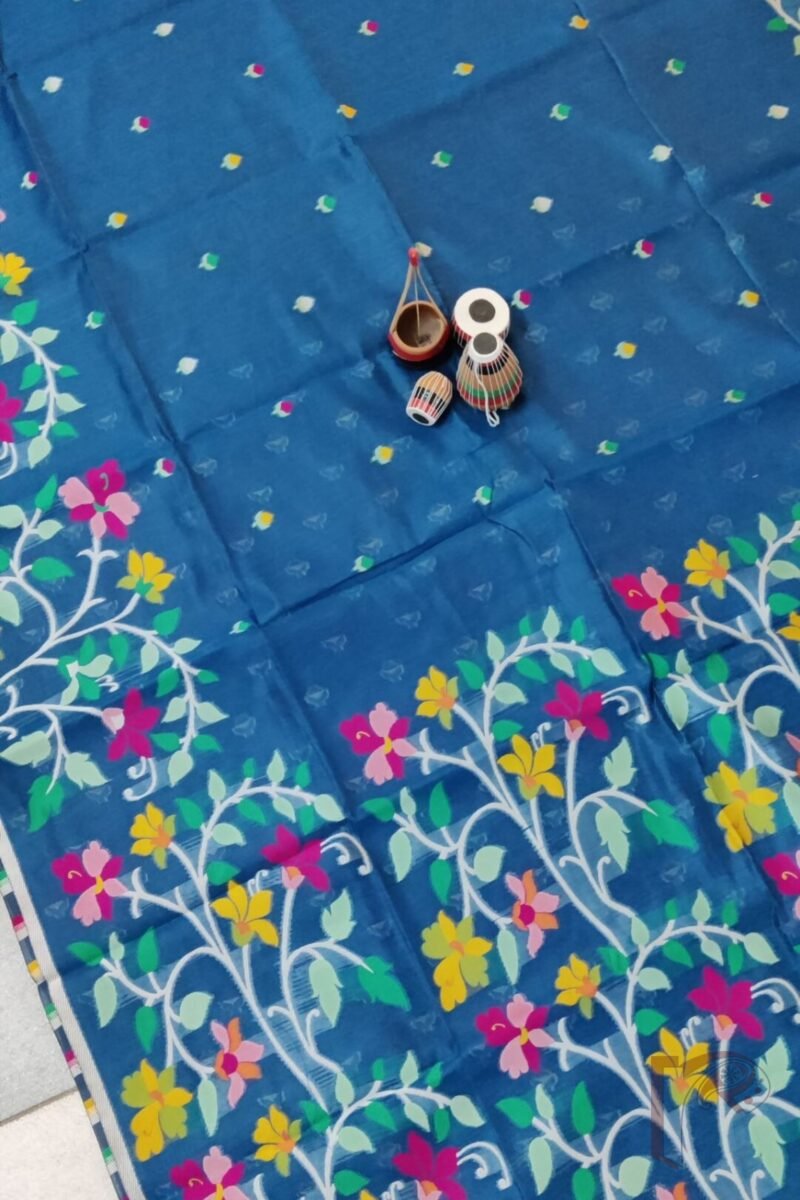Jamdani Joy - Teal Blue Cotton Silk Jamdani Saree with Multicolour Floral Pallu and White Selvedge - Image 6