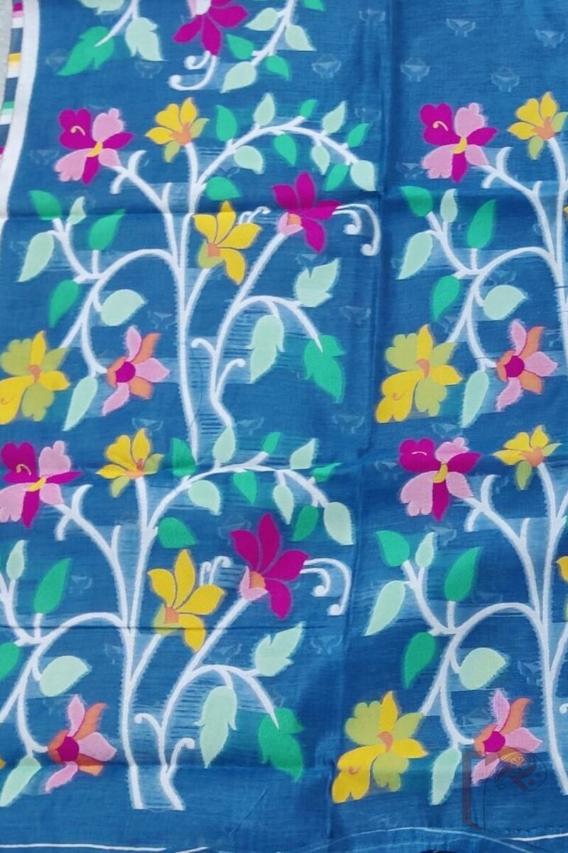 Jamdani Joy - Teal Blue Cotton Silk Jamdani Saree with Multicolour Floral Pallu and White Selvedge - Image 7