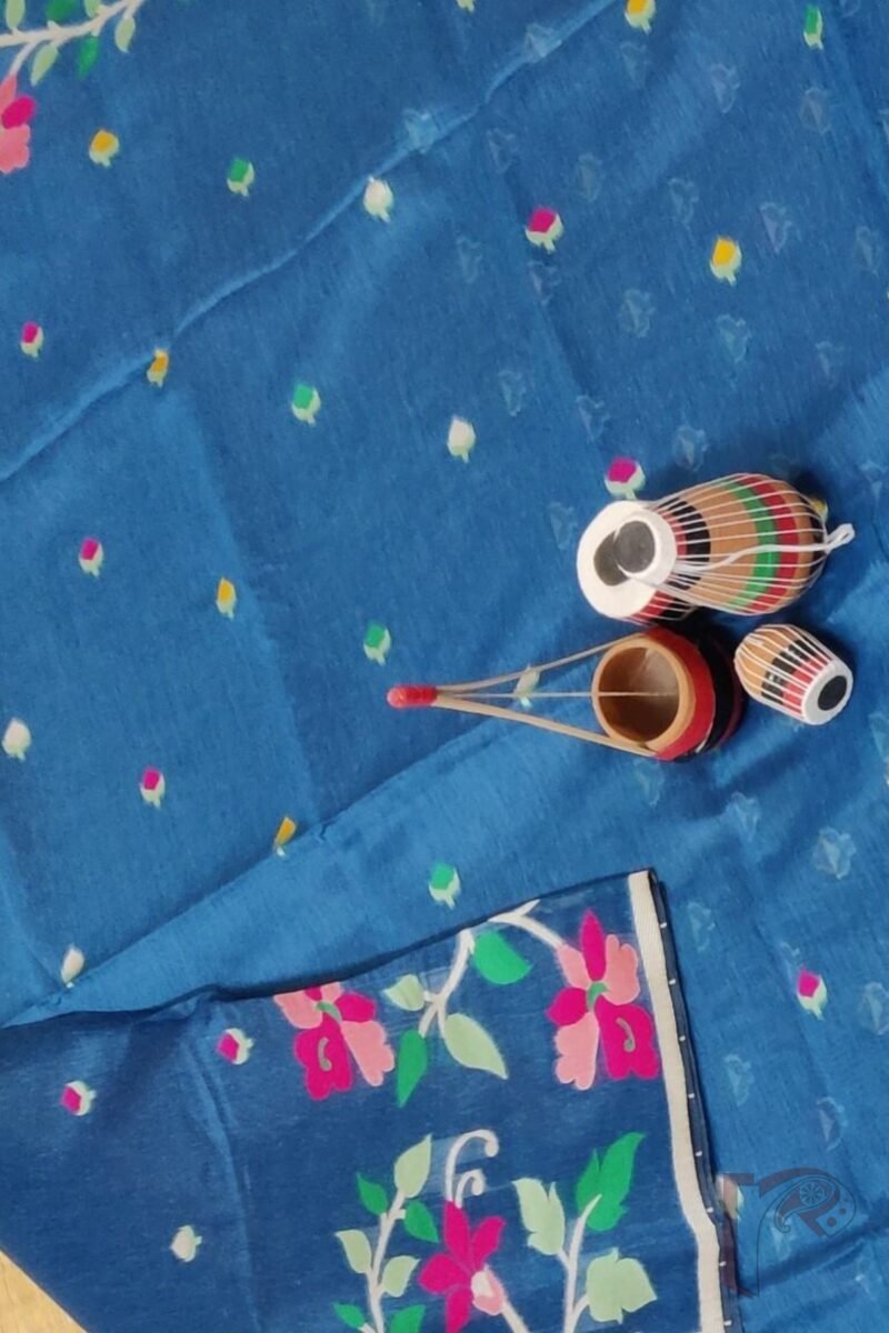 Jamdani Joy - Teal Blue Cotton Silk Jamdani Saree with Multicolour Floral Pallu and White Selvedge - Image 8
