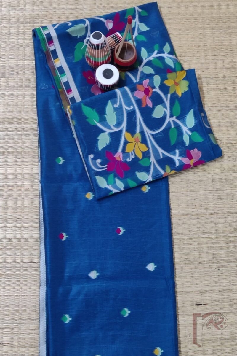 Jamdani Joy - Teal Blue Cotton Silk Jamdani Saree with Multicolour Floral Pallu and White Selvedge