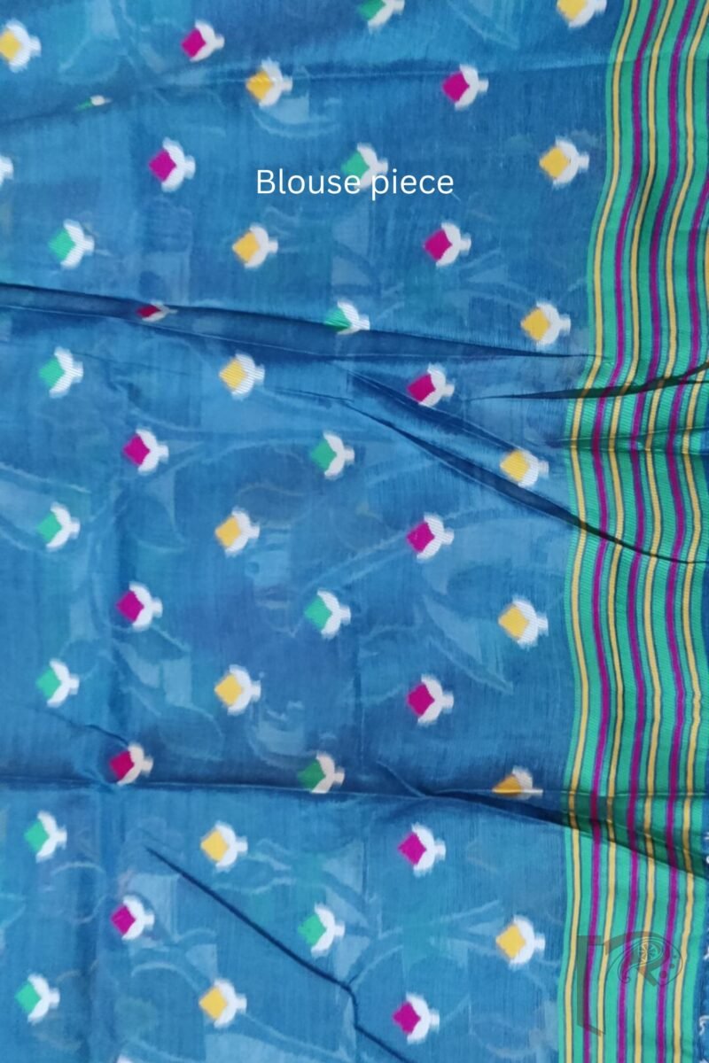 Jamdani Joy - Teal Blue Cotton Silk Jamdani Saree with Multicolour Floral Pallu and White Selvedge - Image 9