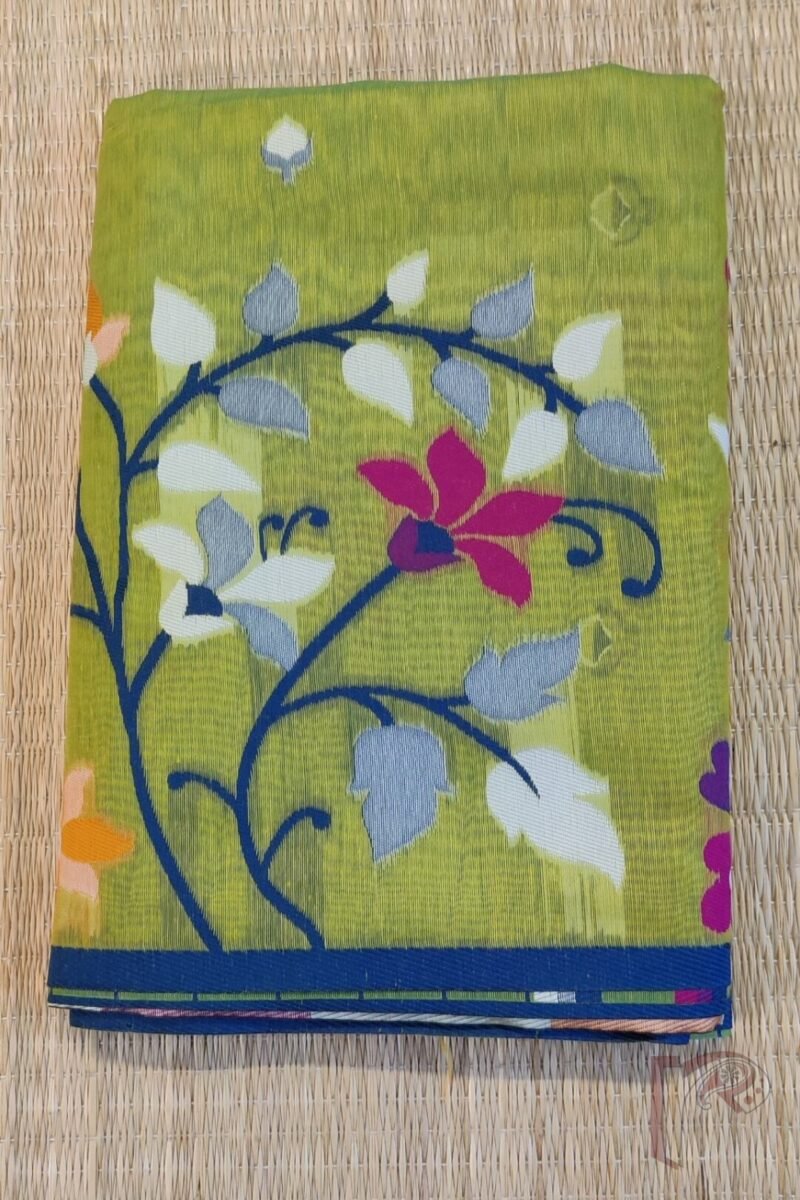 Jamdani Joy - Light Green Cotton Silk Jamdani Saree with Broad Multicolour Floral Pallu and Blue Selvedge - Image 2