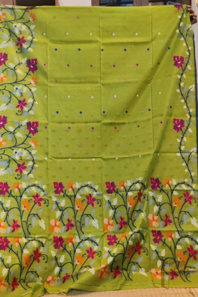 Jamdani Joy - Light Green Cotton Silk Jamdani Saree with Broad Multicolour Floral Pallu and Blue Selvedge - Image 3