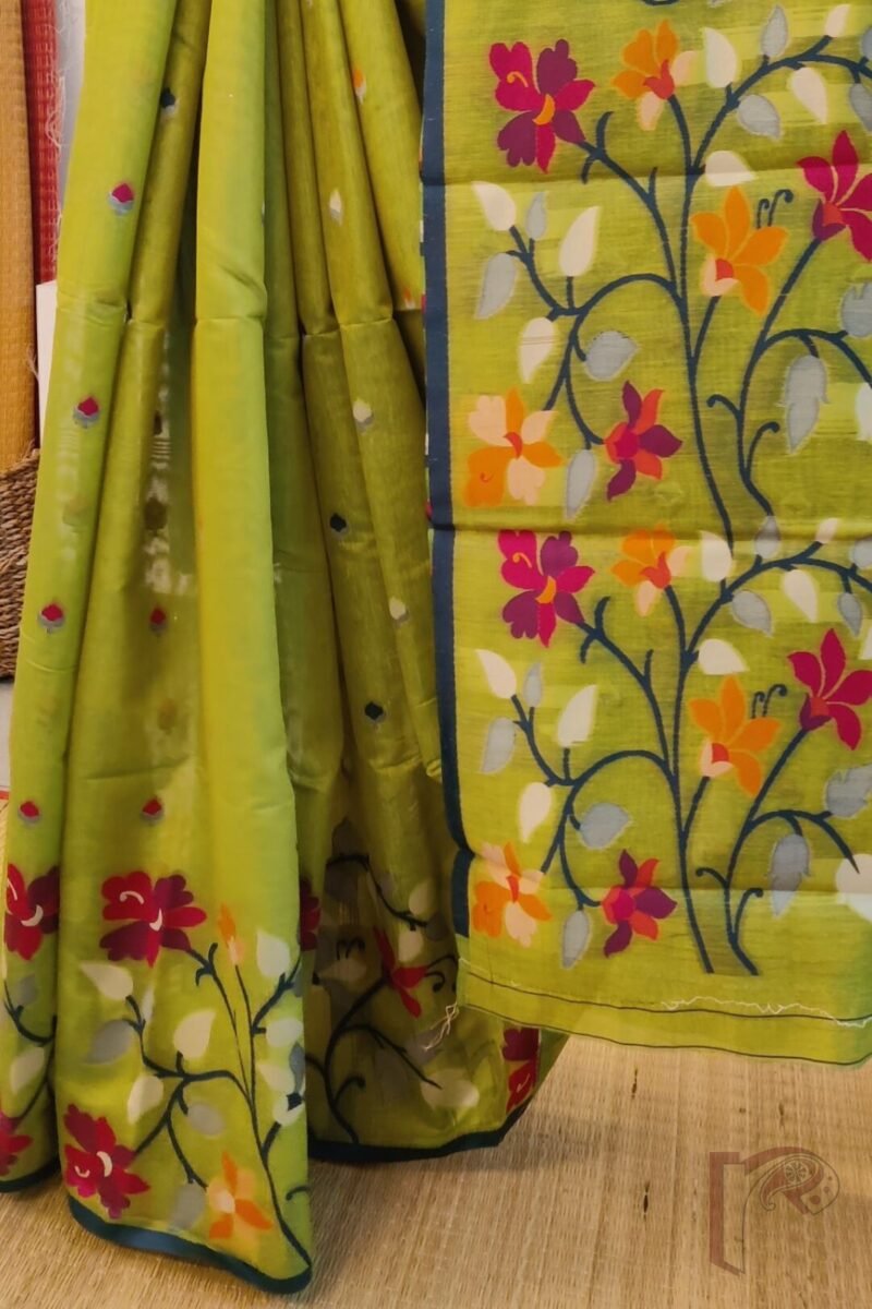 Jamdani Joy - Light Green Cotton Silk Jamdani Saree with Broad Multicolour Floral Pallu and Blue Selvedge - Image 4