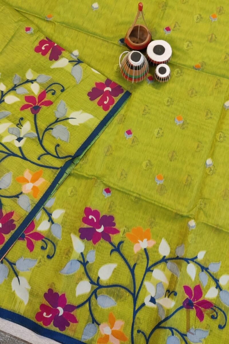 Jamdani Joy - Light Green Cotton Silk Jamdani Saree with Broad Multicolour Floral Pallu and Blue Selvedge - Image 5