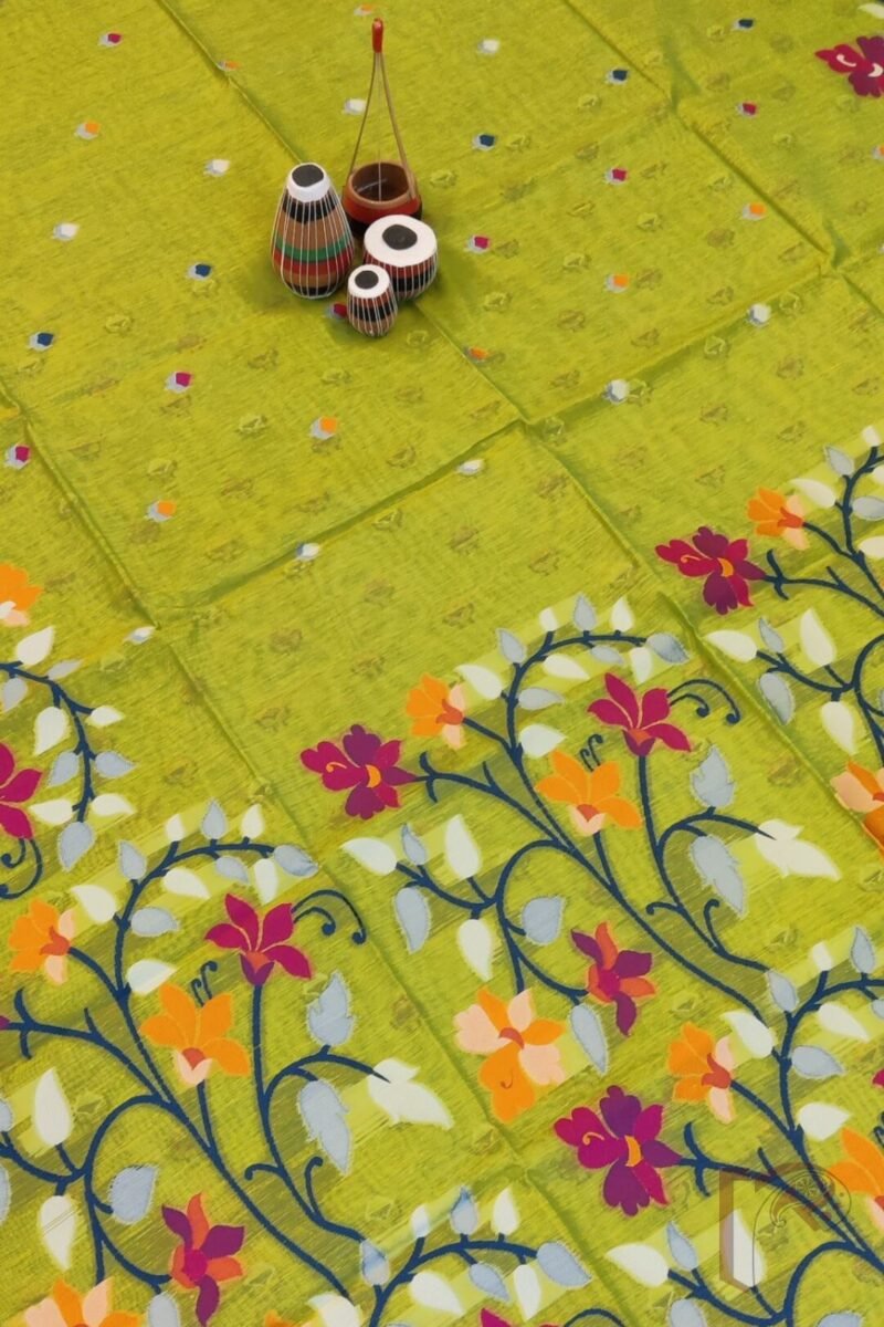 Jamdani Joy - Light Green Cotton Silk Jamdani Saree with Broad Multicolour Floral Pallu and Blue Selvedge - Image 6