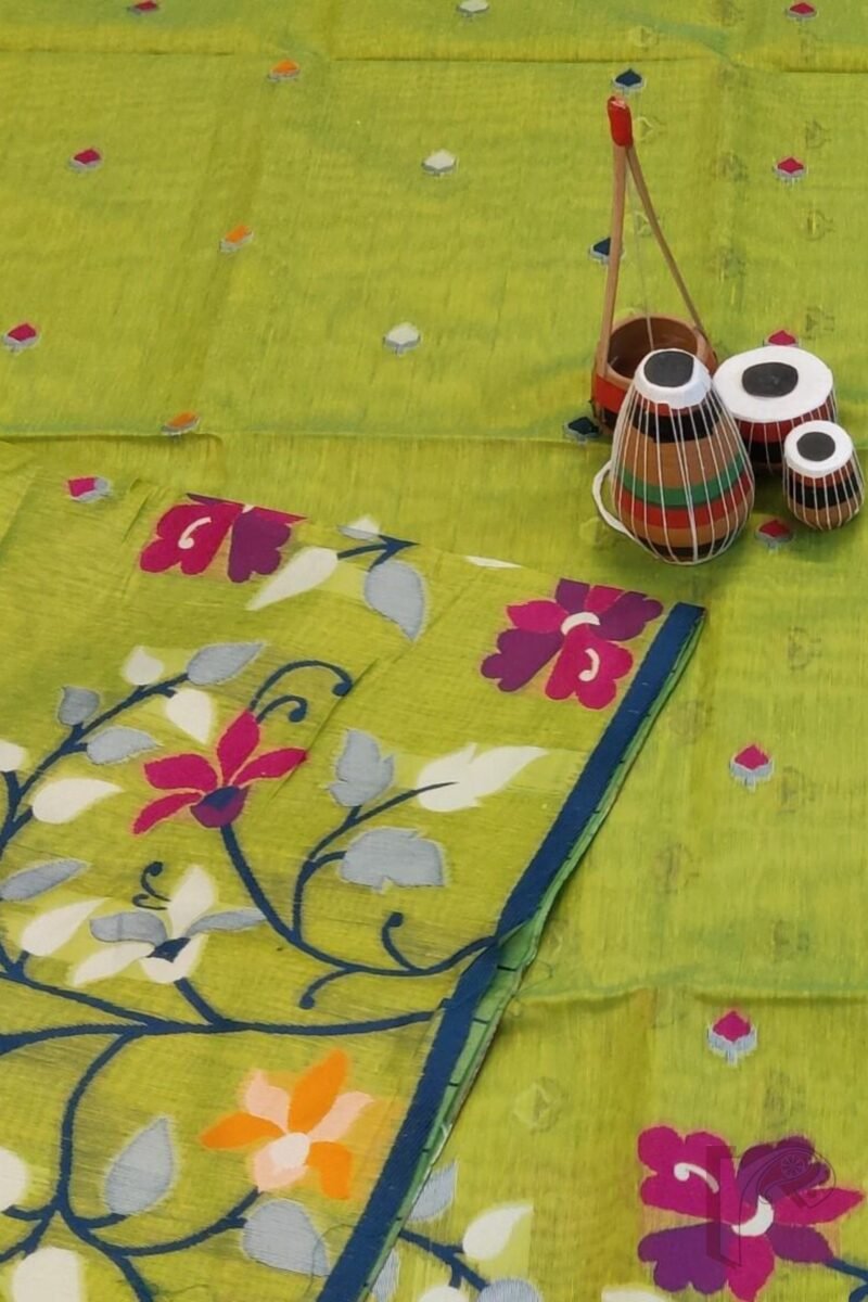 Jamdani Joy - Light Green Cotton Silk Jamdani Saree with Broad Multicolour Floral Pallu and Blue Selvedge - Image 8
