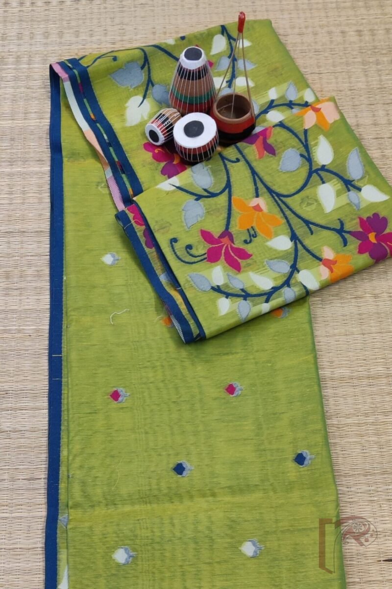 Jamdani Joy - Light Green Cotton Silk Jamdani Saree with Broad Multicolour Floral Pallu and Blue Selvedge