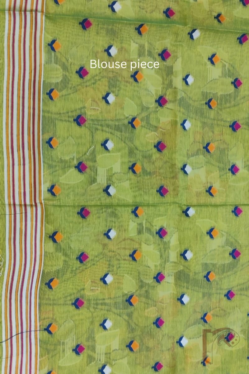 Jamdani Joy - Light Green Cotton Silk Jamdani Saree with Broad Multicolour Floral Pallu and Blue Selvedge - Image 9