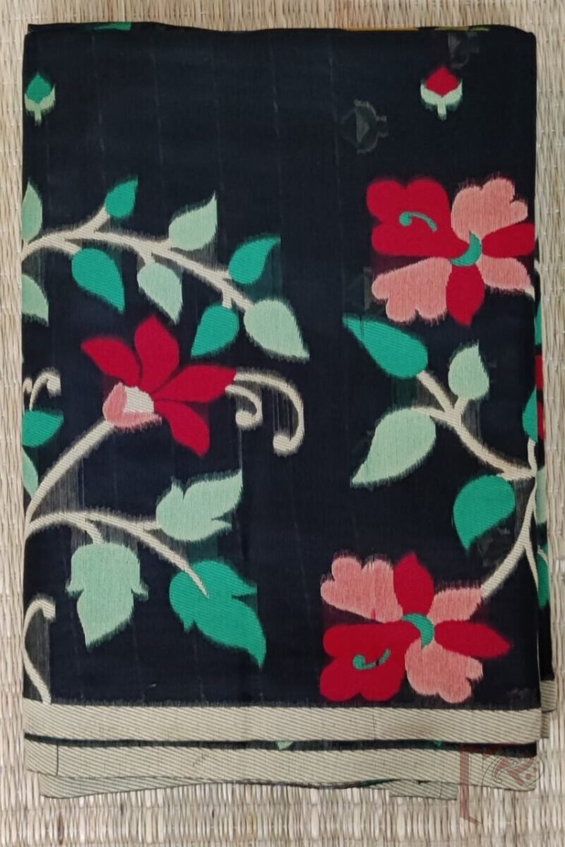 Jamdani Joy - Black Cotton Silk Jamdani Saree with Multicolour Floral Pallu and Cream Selvedge - Image 2