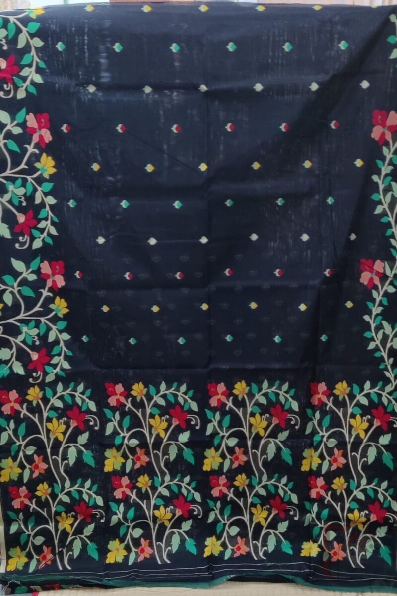 Jamdani Joy - Black Cotton Silk Jamdani Saree with Multicolour Floral Pallu and Cream Selvedge - Image 3