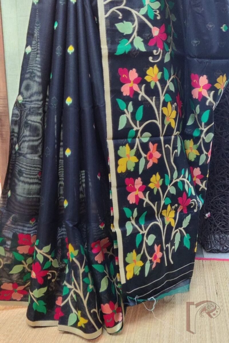 Jamdani Joy - Black Cotton Silk Jamdani Saree with Multicolour Floral Pallu and Cream Selvedge - Image 4