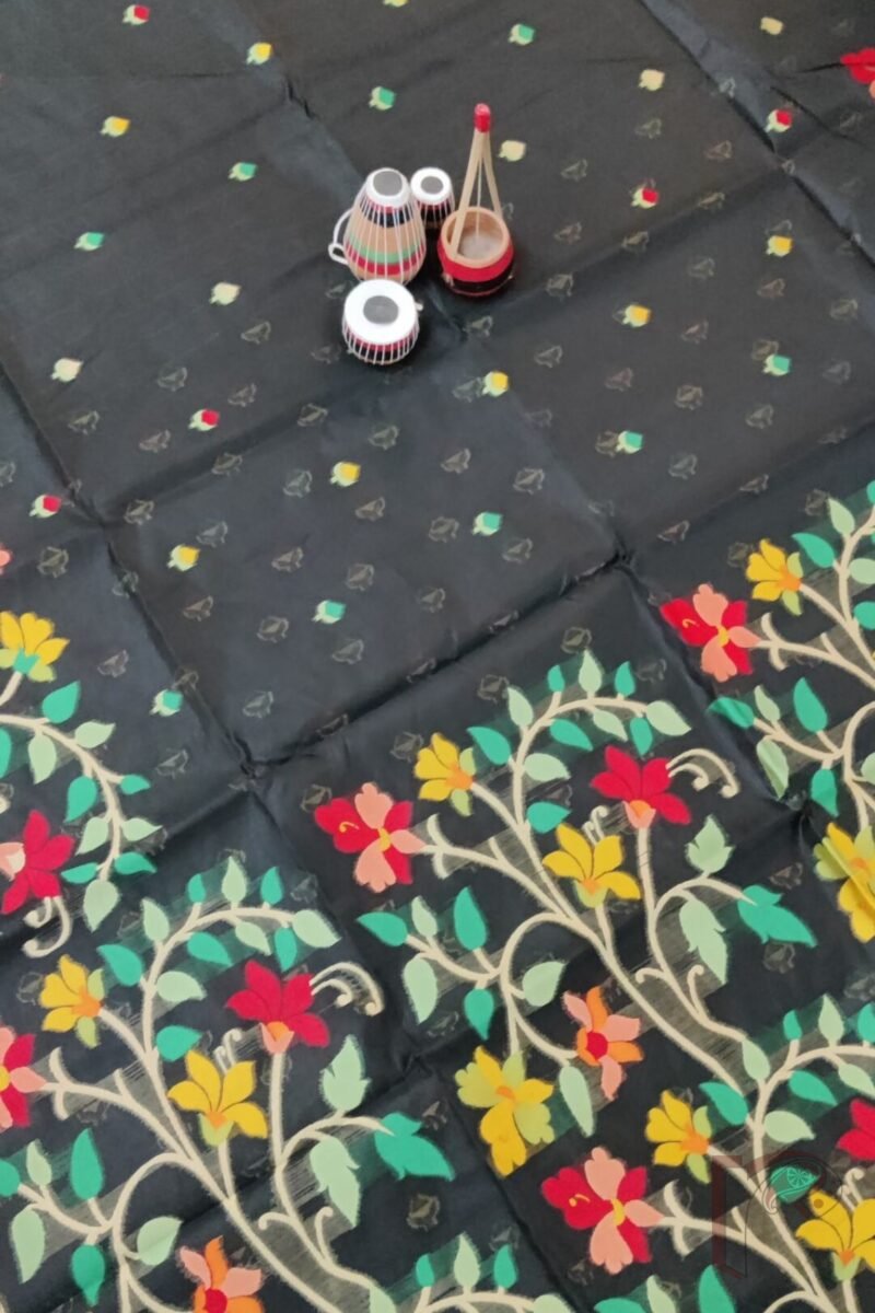 Jamdani Joy - Black Cotton Silk Jamdani Saree with Multicolour Floral Pallu and Cream Selvedge - Image 5