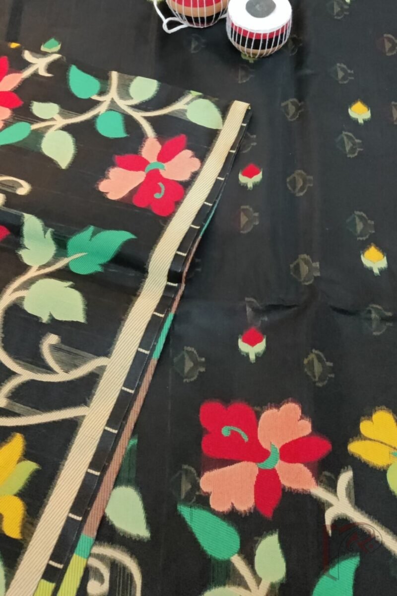 Jamdani Joy - Black Cotton Silk Jamdani Saree with Multicolour Floral Pallu and Cream Selvedge - Image 6