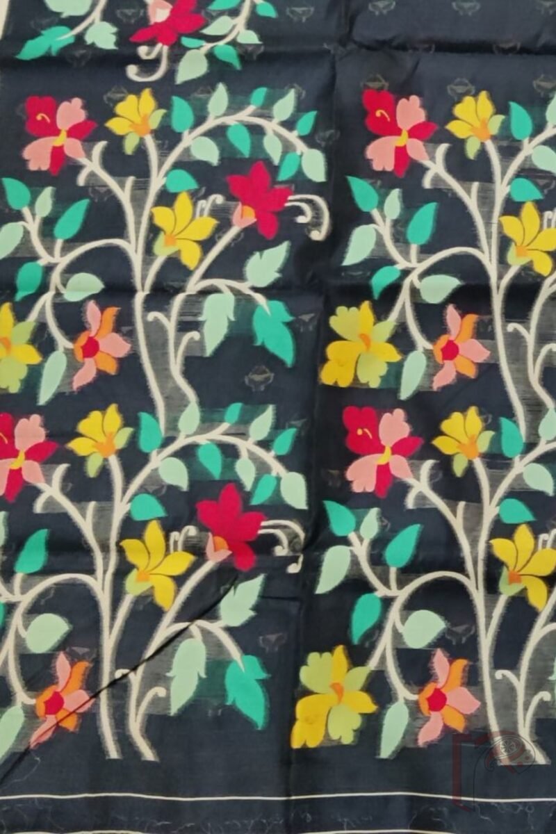 Jamdani Joy - Black Cotton Silk Jamdani Saree with Multicolour Floral Pallu and Cream Selvedge - Image 7