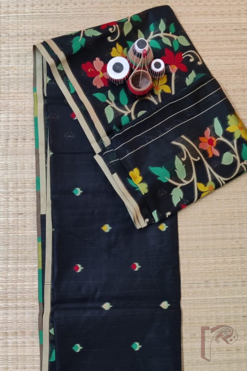 Jamdani Joy - Black Cotton Silk Jamdani Saree with Multicolour Floral Pallu and Cream Selvedge