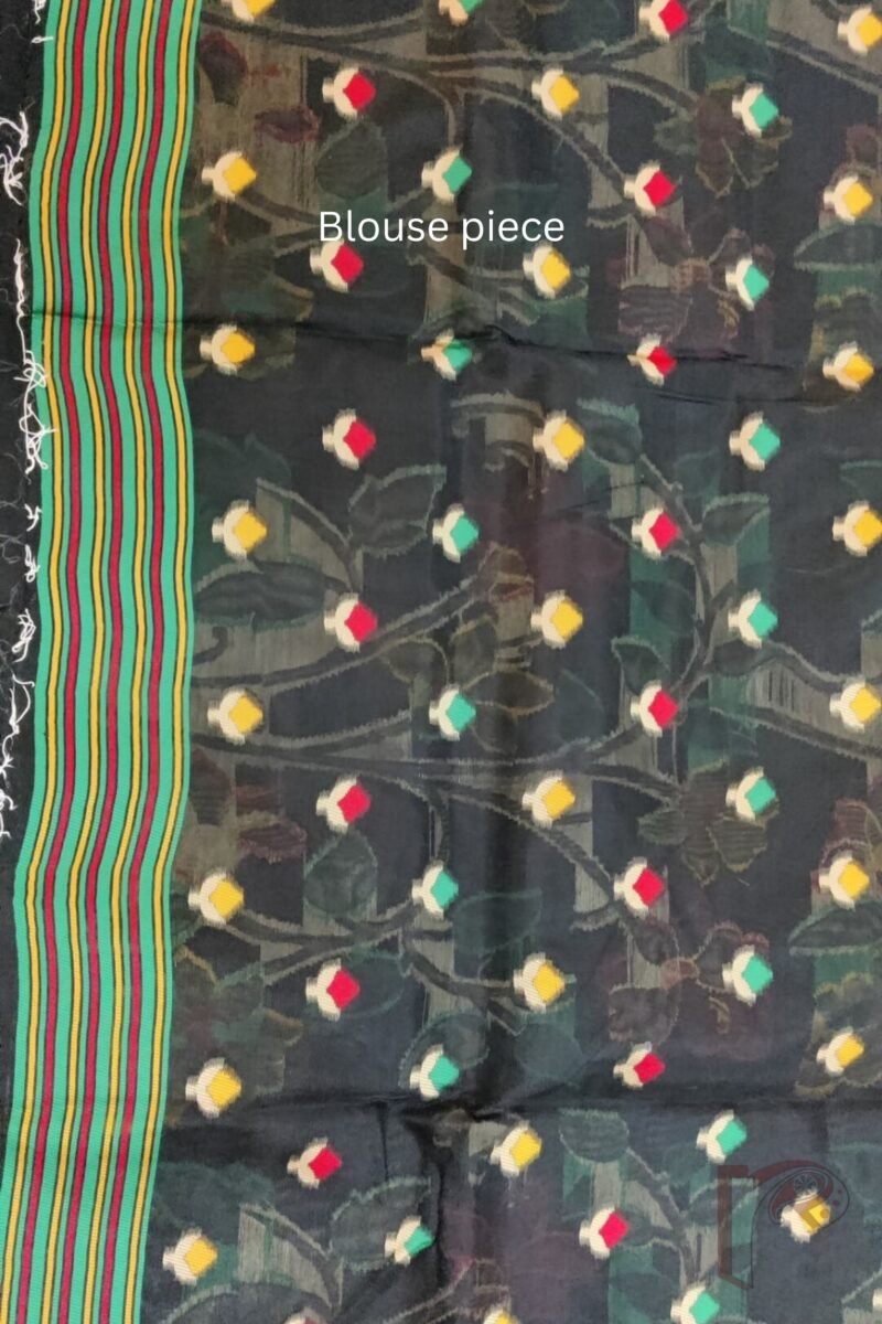 Jamdani Joy - Black Cotton Silk Jamdani Saree with Multicolour Floral Pallu and Cream Selvedge - Image 9