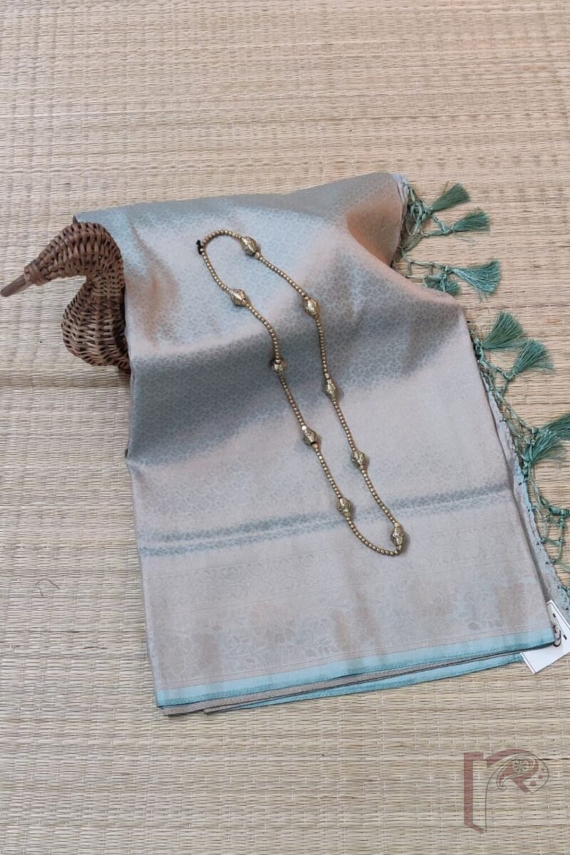 Mulberry Marvel – Pastel Sea Green Zari Jal Woven Mulberry Silk Saree with Dot Motif Blouse