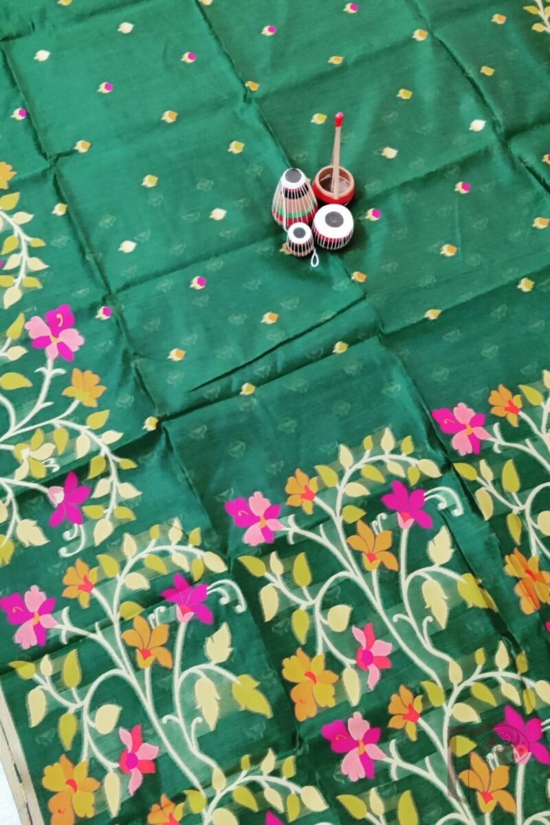 Jamdani Joy - Bottle Green Cotton Silk Jamdani Saree with Multicolour Floral Pallu and Cream Selvedge - Image 5