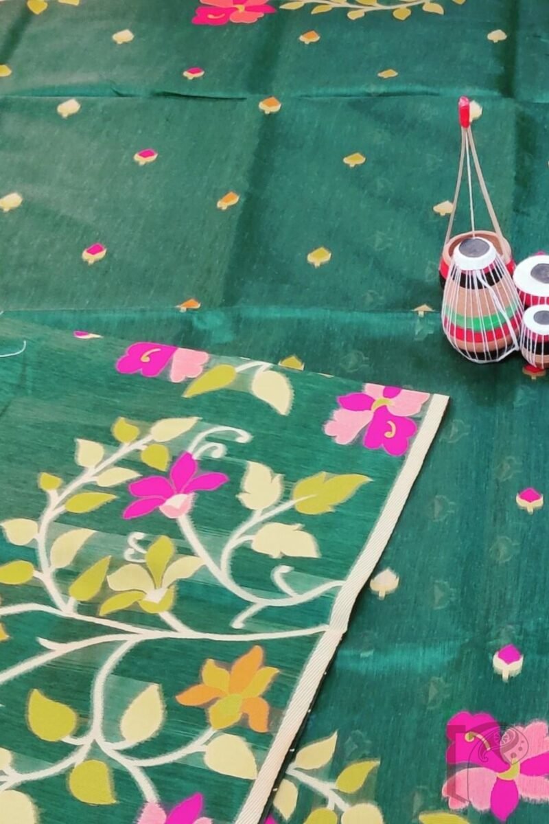 Jamdani Joy - Bottle Green Cotton Silk Jamdani Saree with Multicolour Floral Pallu and Cream Selvedge - Image 8
