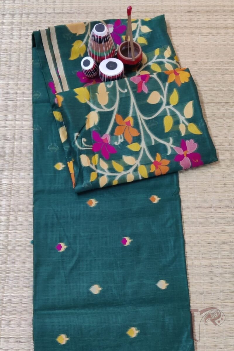 Jamdani Joy - Bottle Green Cotton Silk Jamdani Saree with Multicolour Floral Pallu and Cream Selvedge