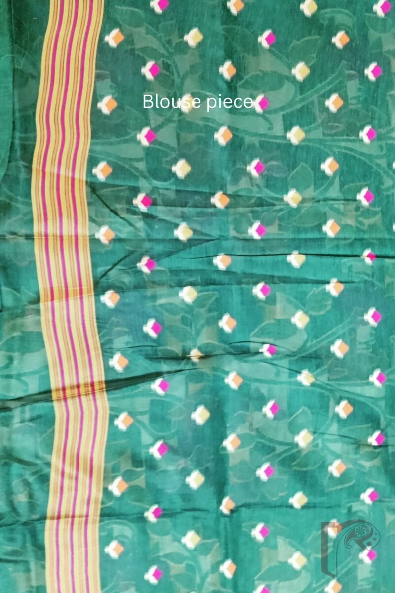 Jamdani Joy - Bottle Green Cotton Silk Jamdani Saree with Multicolour Floral Pallu and Cream Selvedge - Image 9