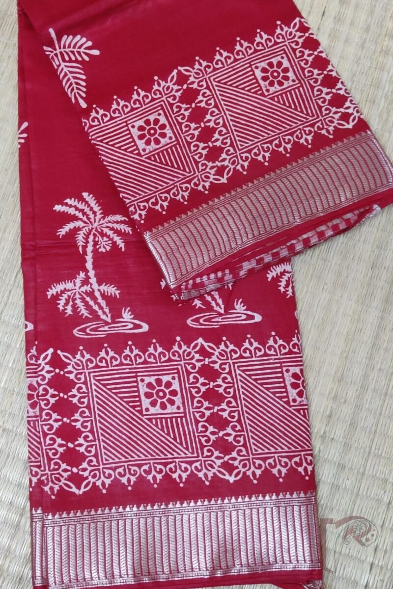 Ketia Kriti – Red Ketia Silk Saree with Geometric Palm and Zari Pallu Design - Image 2