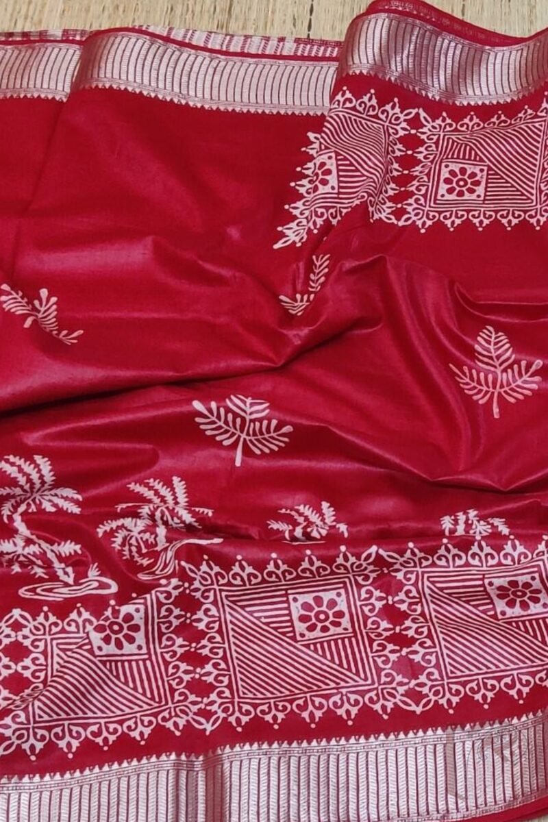 Ketia Kriti – Red Ketia Silk Saree with Geometric Palm and Zari Pallu Design - Image 5