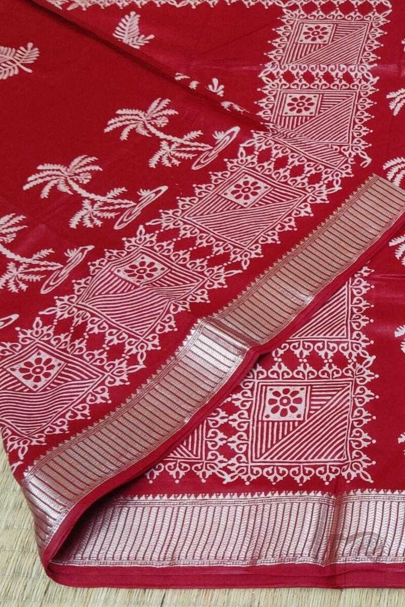 Ketia Kriti – Red Ketia Silk Saree with Geometric Palm and Zari Pallu Design - Image 6