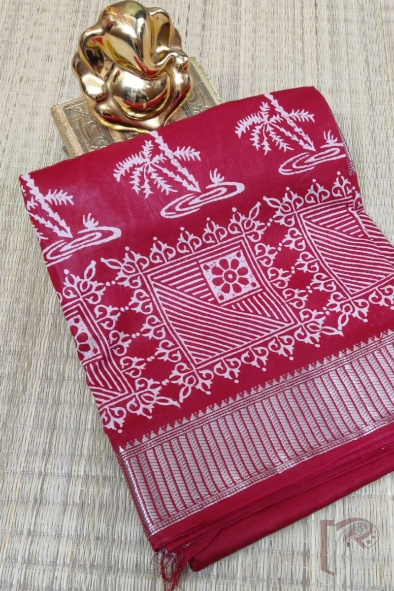 Ketia Kriti – Red Ketia Silk Saree with Geometric Palm and Zari Pallu Design