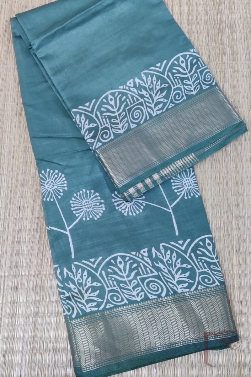 Ketia Kriti – Pastel Pista Green Ketia Silk Saree with Petal and Leaf Pattern - Image 2