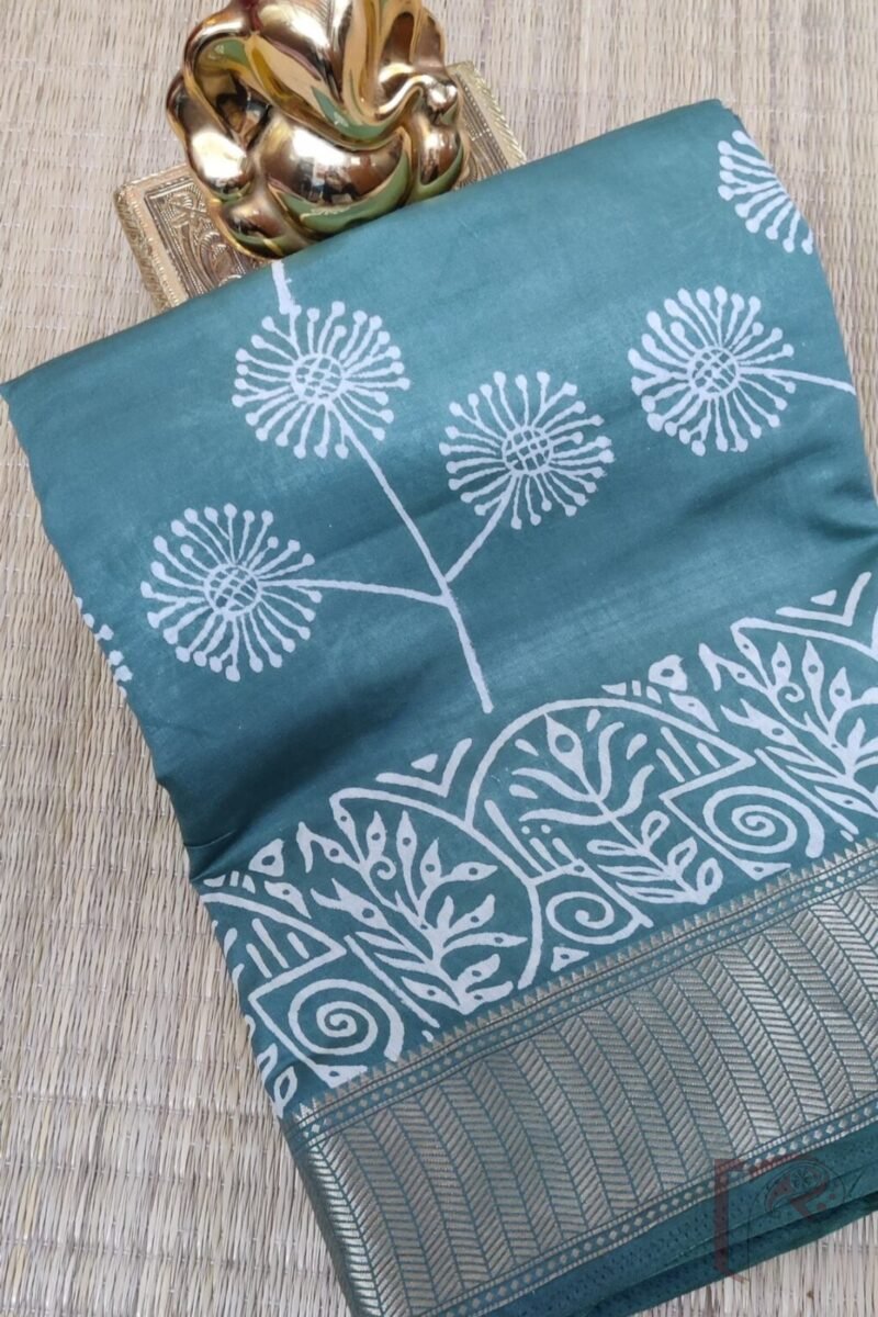 Ketia Kriti – Pastel Pista Green Ketia Silk Saree with Petal and Leaf Pattern
