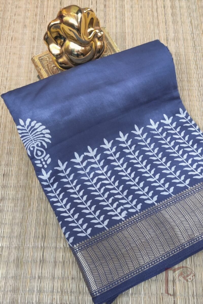 Ketia Kriti – Greyish Blue Ketia Silk Saree with Flower Pot and Leaf Creeper Prints