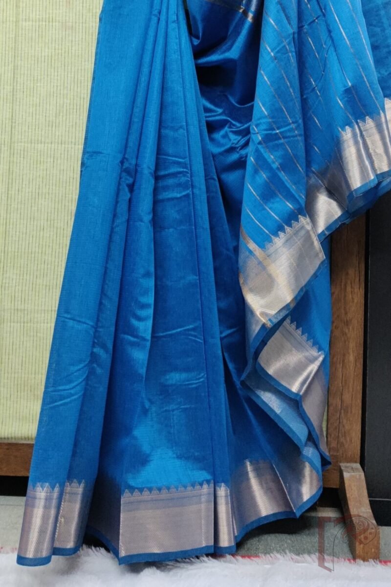 Mangalgiri Moods – Plain Peacock Blue Cotton Silk Mangalgiri Saree with Temple Gold Border and Simple Pallu - Image 2
