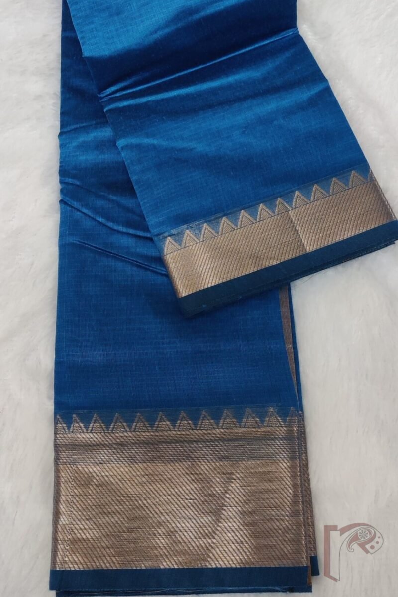 Mangalgiri Moods – Plain Peacock Blue Cotton Silk Mangalgiri Saree with Temple Gold Border and Simple Pallu - Image 3