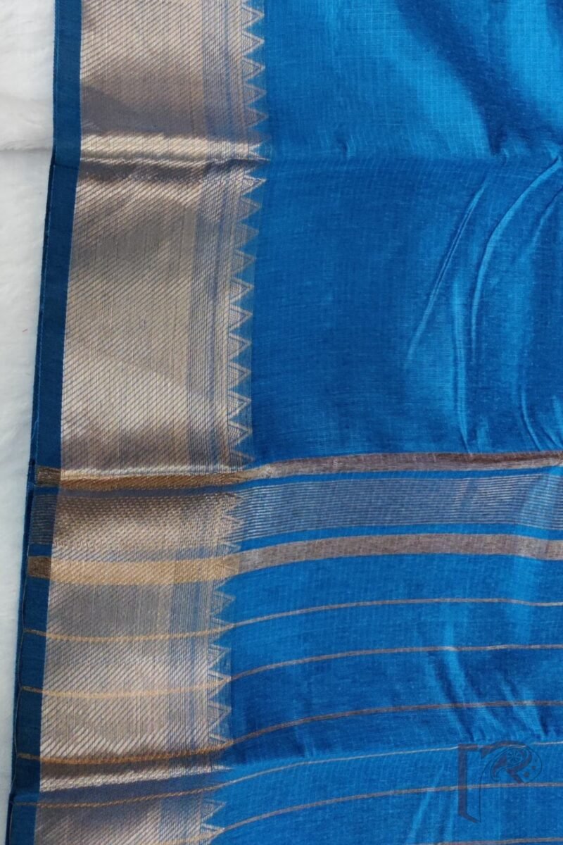 Mangalgiri Moods – Plain Peacock Blue Cotton Silk Mangalgiri Saree with Temple Gold Border and Simple Pallu - Image 4