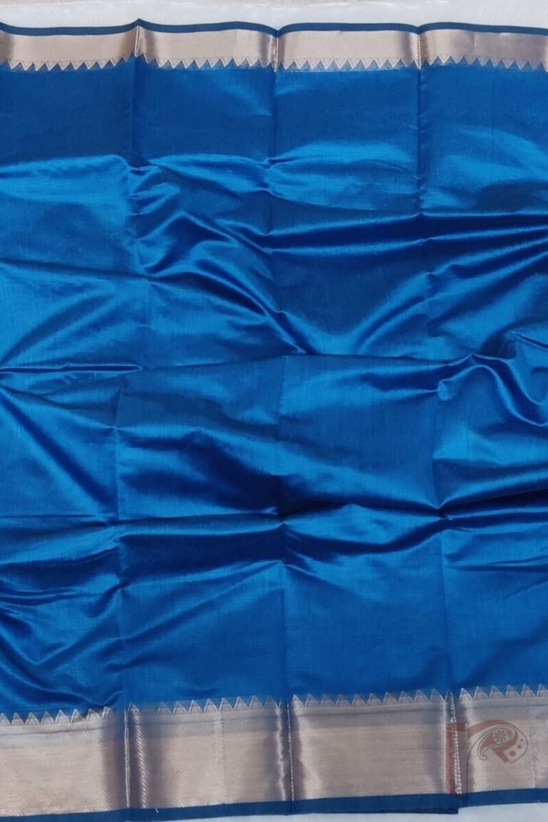 Mangalgiri Moods – Plain Peacock Blue Cotton Silk Mangalgiri Saree with Temple Gold Border and Simple Pallu - Image 6
