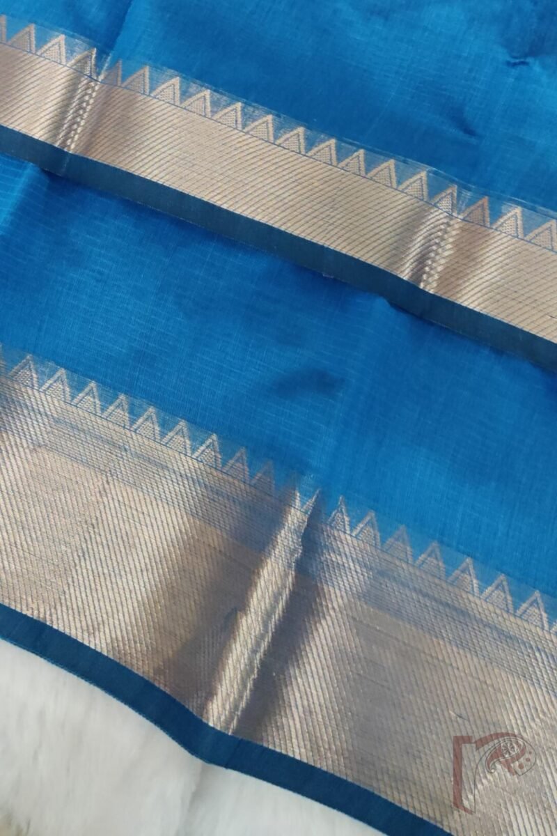 Mangalgiri Moods – Plain Peacock Blue Cotton Silk Mangalgiri Saree with Temple Gold Border and Simple Pallu - Image 7