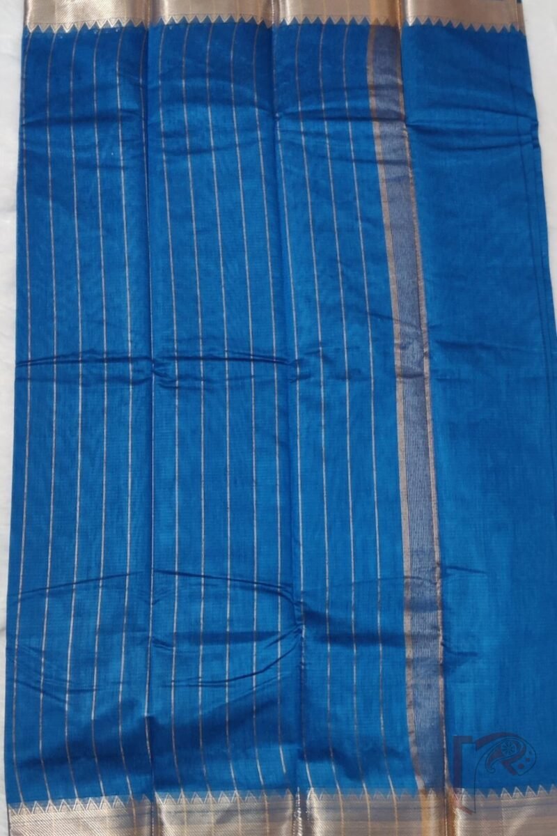 Mangalgiri Moods – Plain Peacock Blue Cotton Silk Mangalgiri Saree with Temple Gold Border and Simple Pallu - Image 8