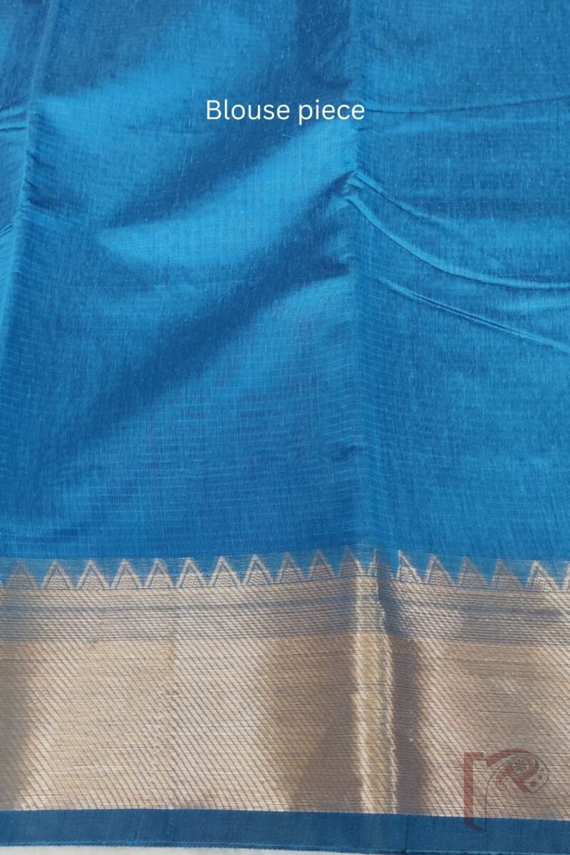 Mangalgiri Moods – Plain Peacock Blue Cotton Silk Mangalgiri Saree with Temple Gold Border and Simple Pallu - Image 9
