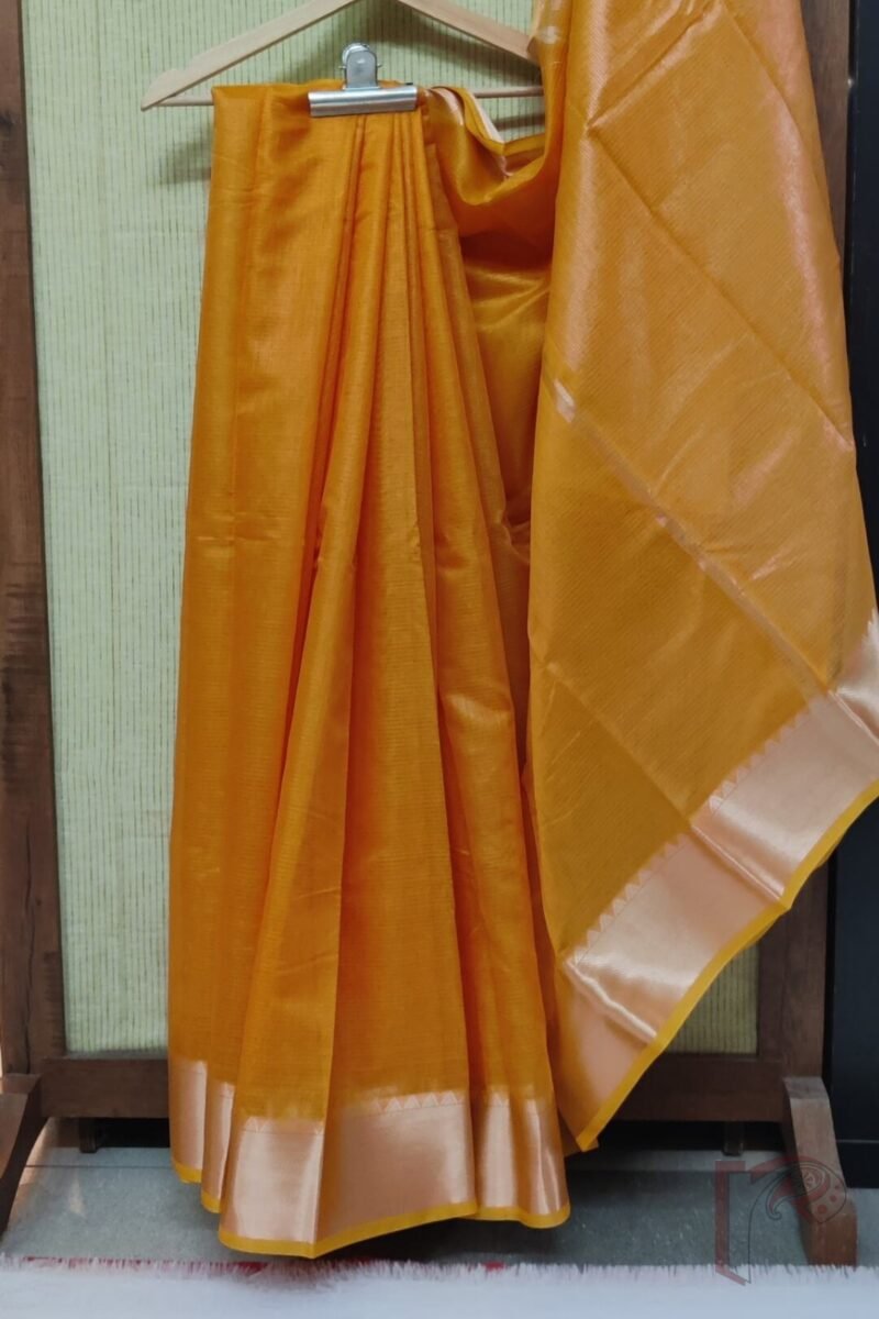 Mangalgiri Moods – Plain Orange Cotton Silk Mangalgiri Saree with Temple Gold Border and Gold Striped Pallu - Image 2