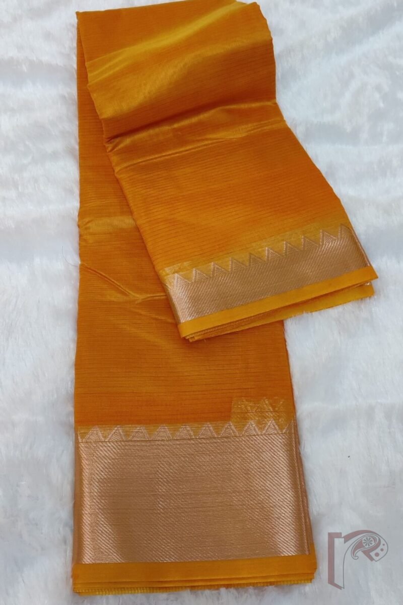 Mangalgiri Moods – Plain Orange Cotton Silk Mangalgiri Saree with Temple Gold Border and Gold Striped Pallu - Image 3