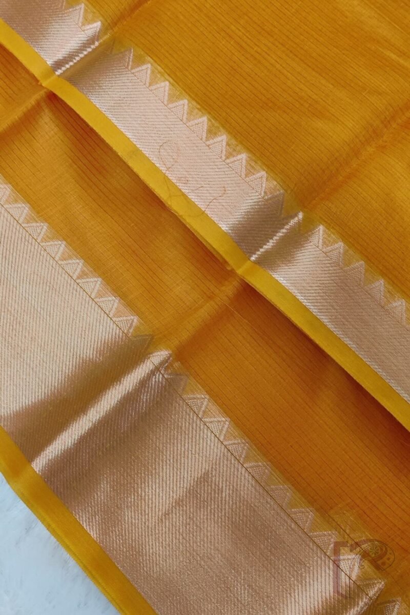 Mangalgiri Moods – Plain Orange Cotton Silk Mangalgiri Saree with Temple Gold Border and Gold Striped Pallu - Image 4